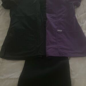 Cherokee Revolution Purple and Black Scrub Tops w/one Pair of Black Scrub Pants